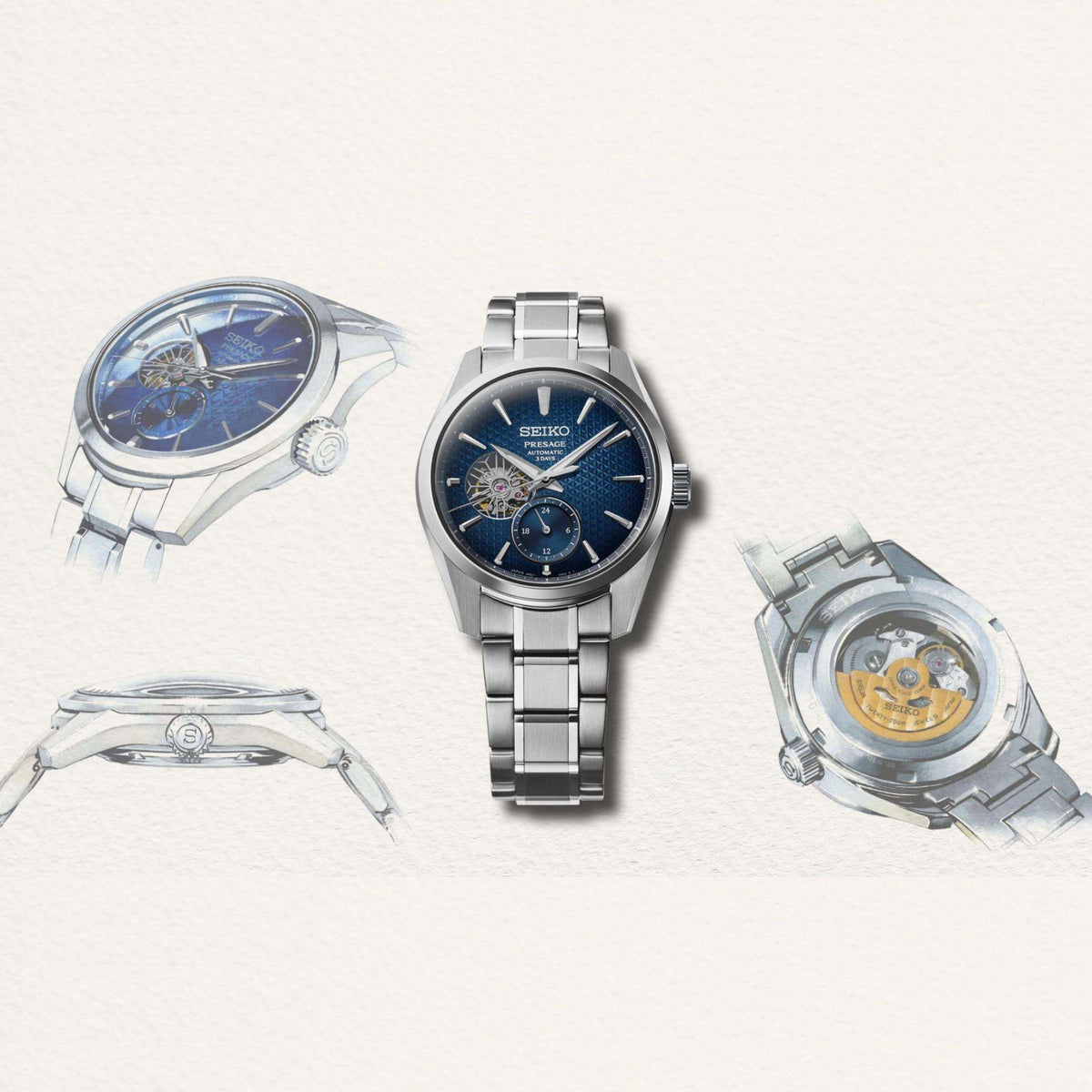 Seiko Presage SPB417J1 product collage with technical design sketches