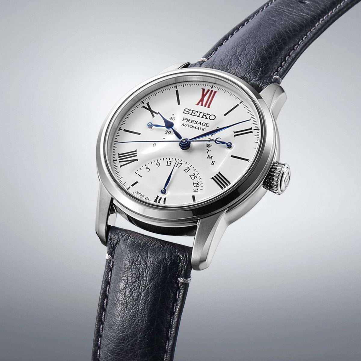Seiko Presage SPB393J1 multi-hand automatic watch angled profile view
