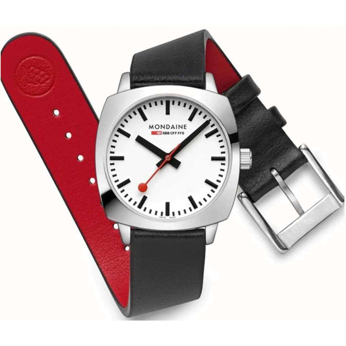 Mondaine Petite Cushion MSL.31110.LBV flat layout showcasing a white dial with a leather strap and pin buckle