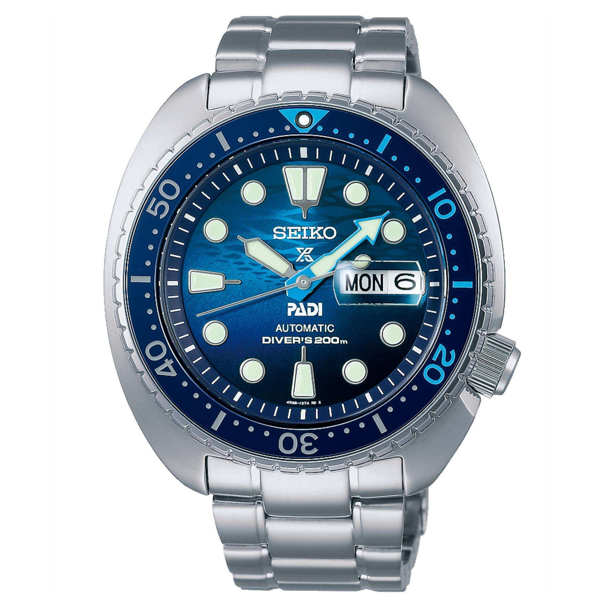 Front view of the Seiko Prospex 'Great Blue' King Turtle PADI SRPK01K1 diver watch, showcasing a blue dial, ceramic rotating bezel, and a stainless steel bracelet.