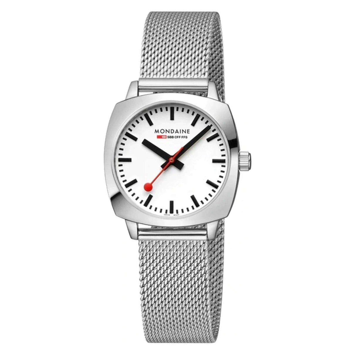Mondaine cushion watch: white dial, steel mesh bracelet, red seconds hand