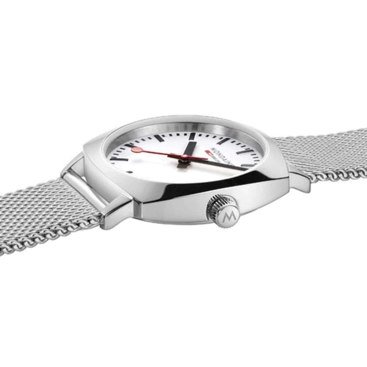 Mondaine cushion watch, steel case, white dial, crown, red seconds hand