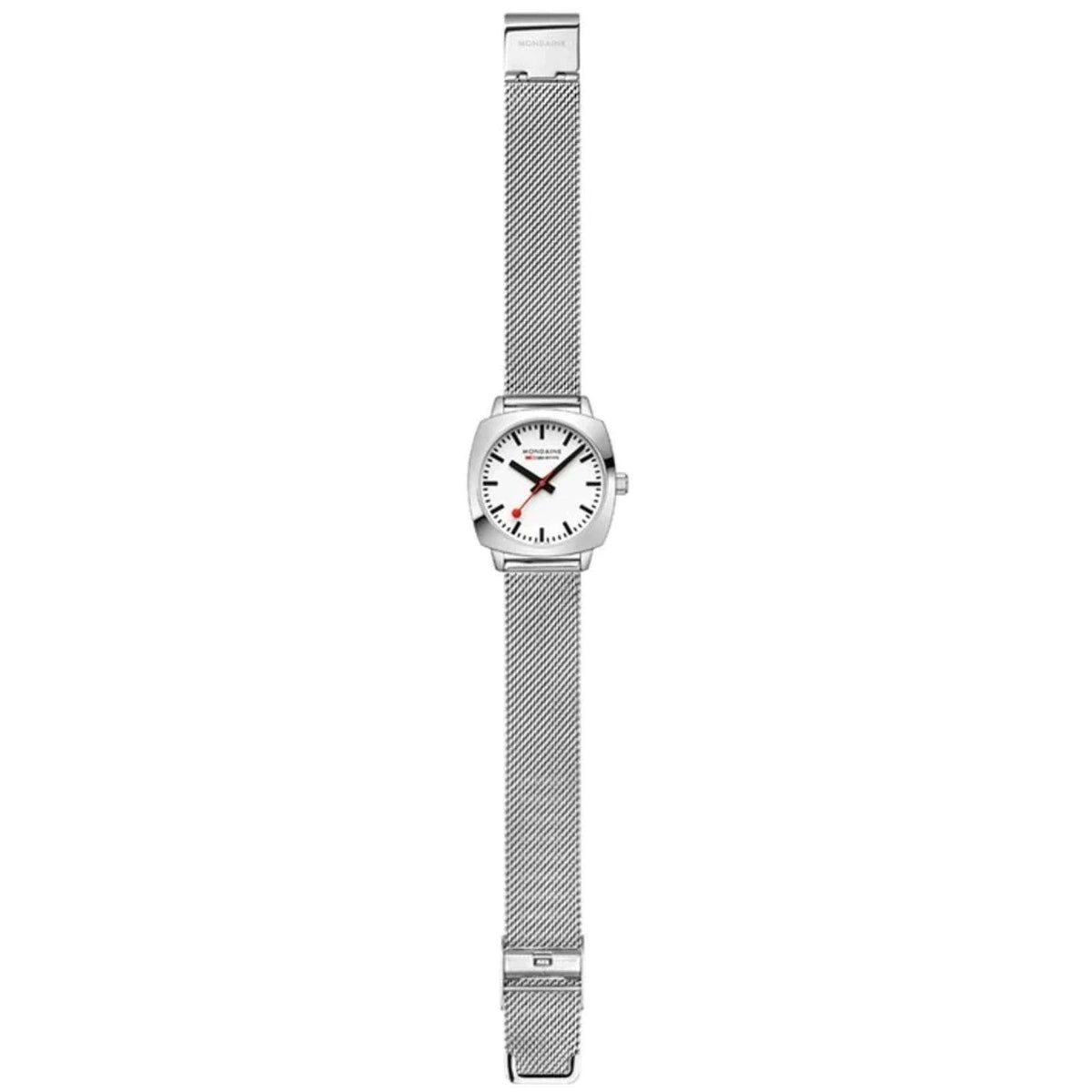 Mondaine cushion watch with white dial and steel mesh bracelet, extended strap