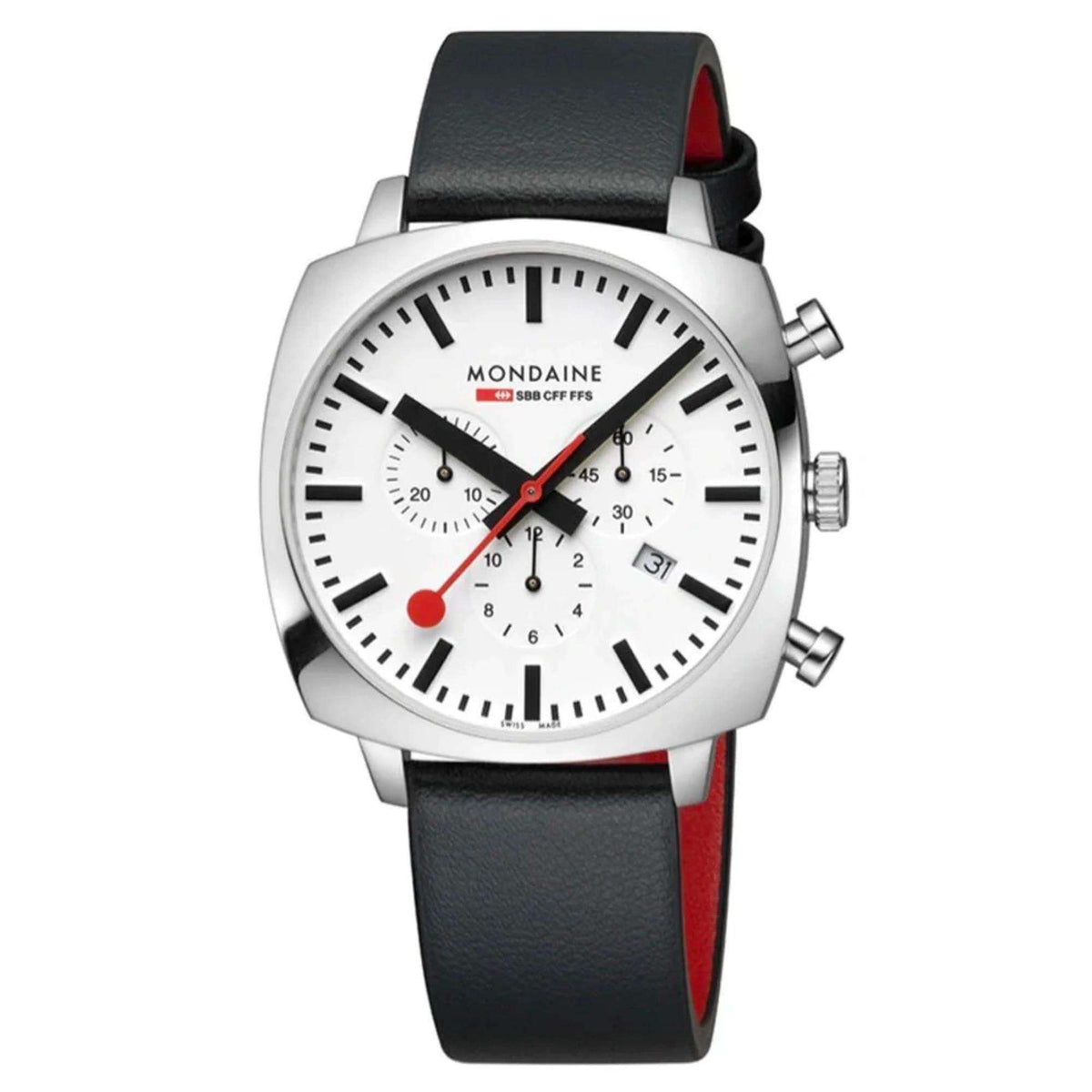 Mondaine Grand Cushion MSL.41410.LBV.SET front view highlighting the cushion case, white sub-dials, and black strap