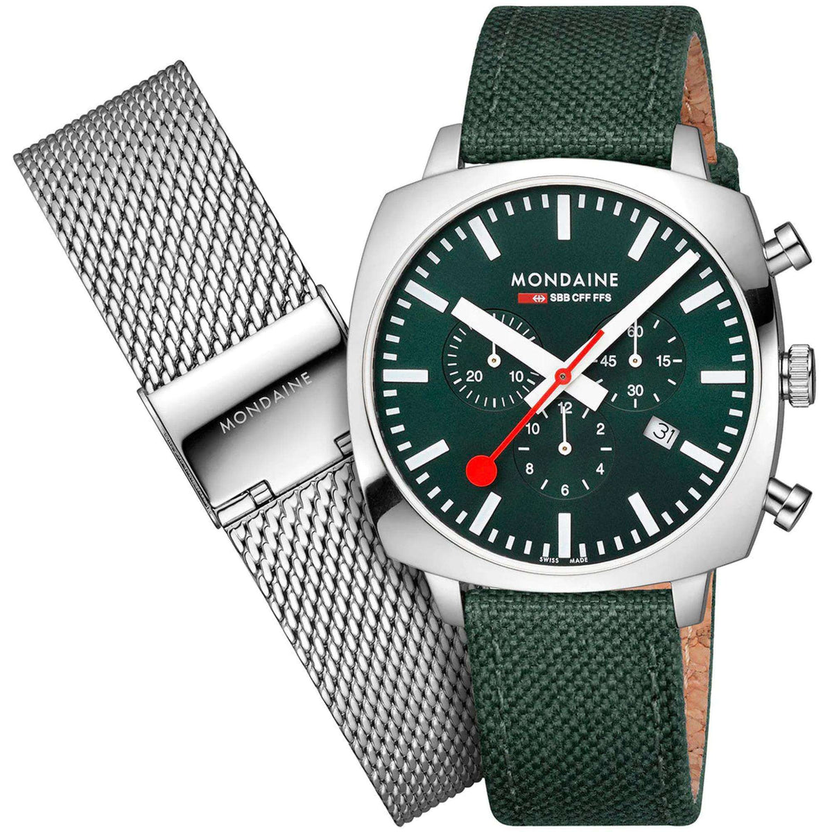 Men's chronograph watch with green dial, silver case, and green textile strap