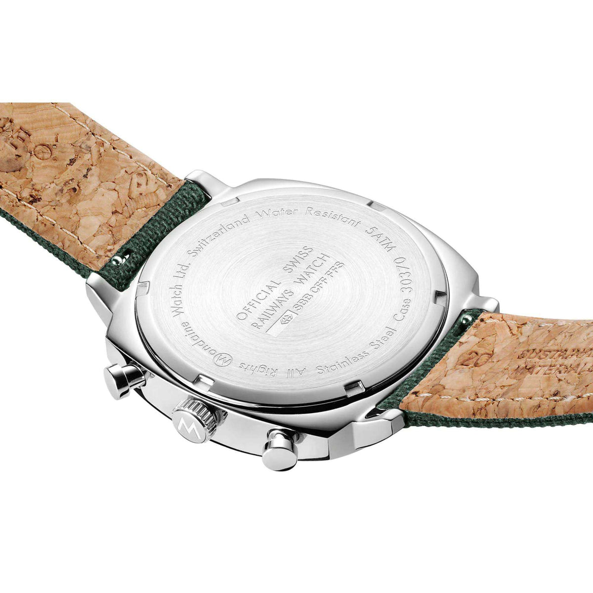 Men's chronograph watch back view with silver case and green textile strap