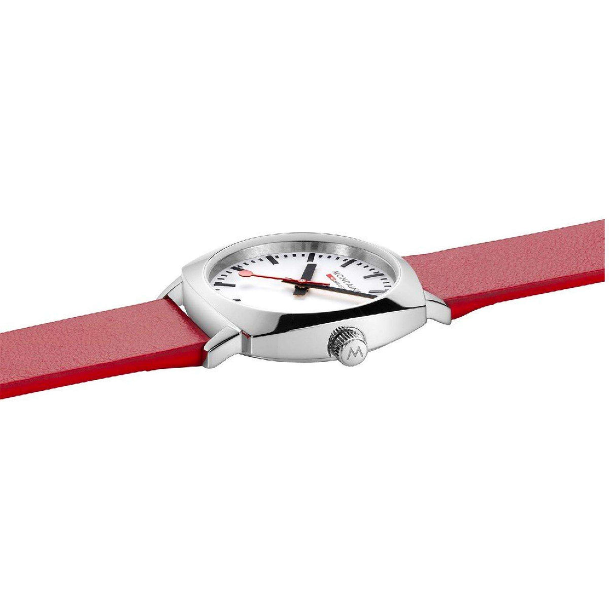 Mondaine quartz watch with white dial and red leather strap, silver top ring detail