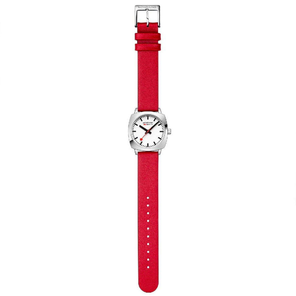 Mondaine ladies quartz watch on red leather strap with silver buckle and crown