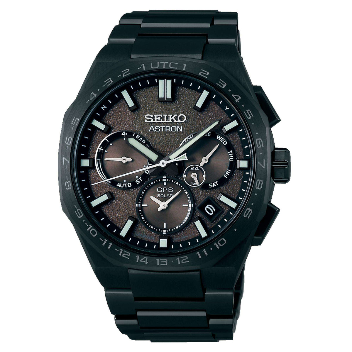 Front view of Seiko Astron Resident Evil 'Chris' SSH129J1 watch, featuring black titanium case and matching integrated bracelet.