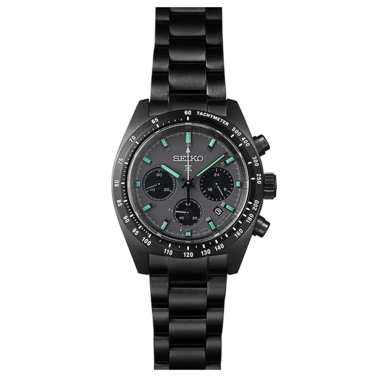 Seiko Prospex 'Black Series' Speedtimer SSC917P1 full front view with steel bracelet