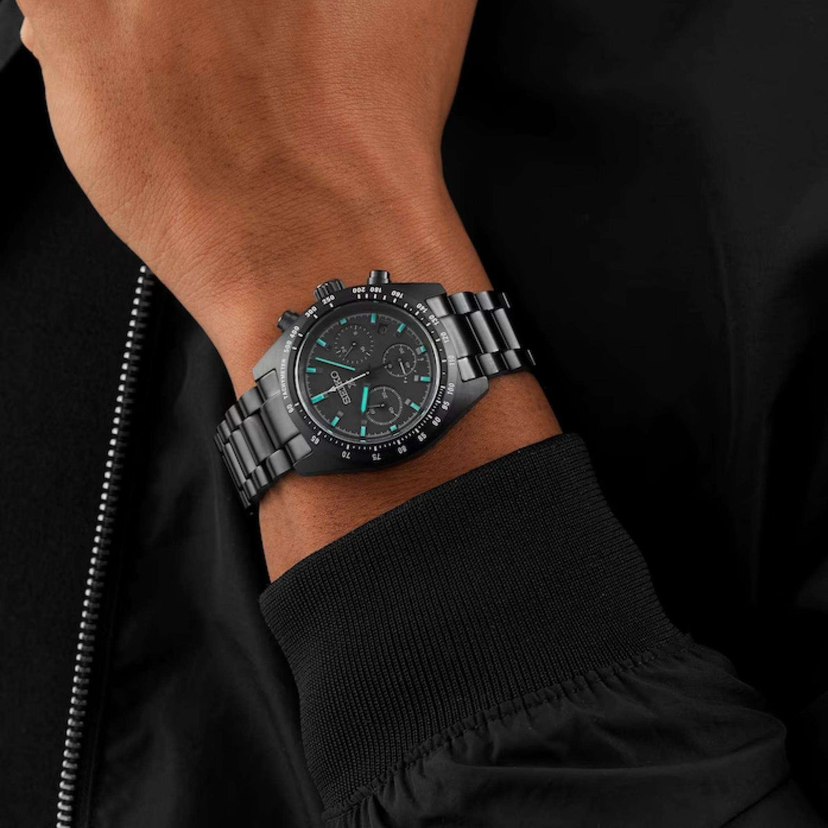 Seiko Prospex 'Black Series' Speedtimer SSC917P1 on-wrist view with black steel bracelet