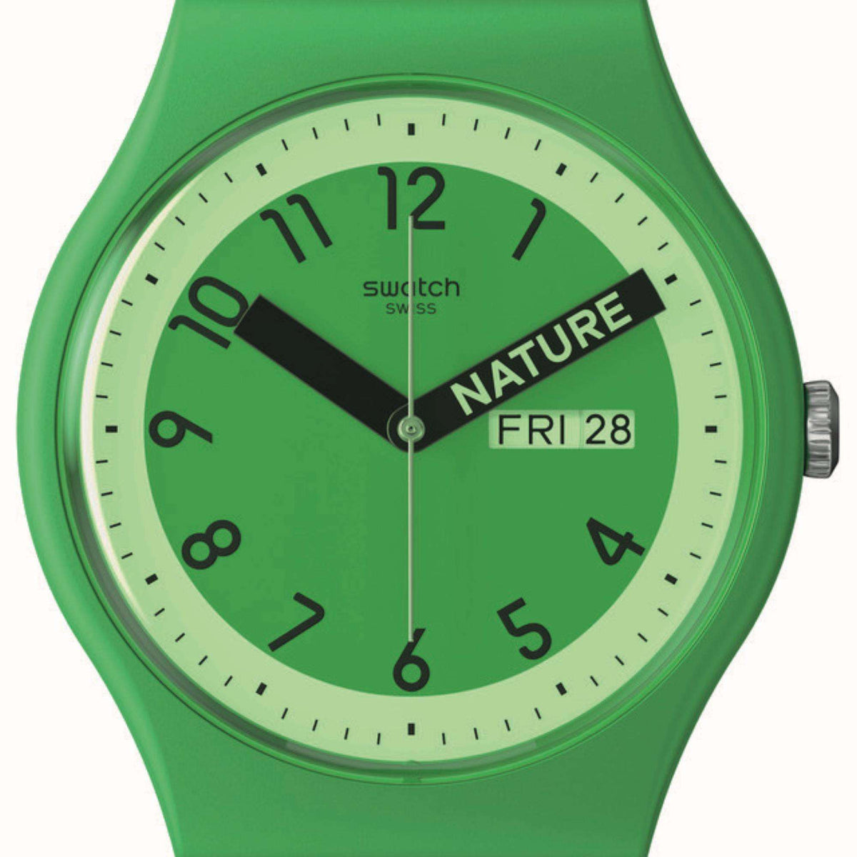 Green quartz watch dial with bold text and date 'FRI 28'