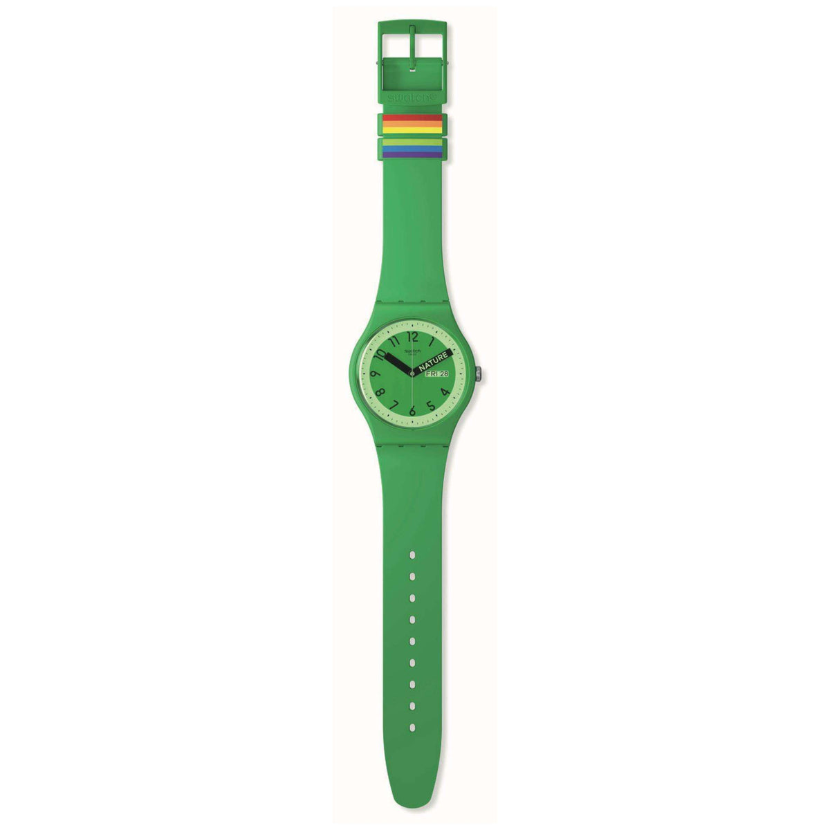 Green quartz wristwatch upright with multicolor accents at the top strap