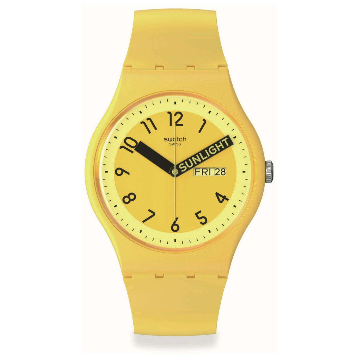 Yellow quartz wristwatch with round yellow dial, black numerals, and yellow silicone strap