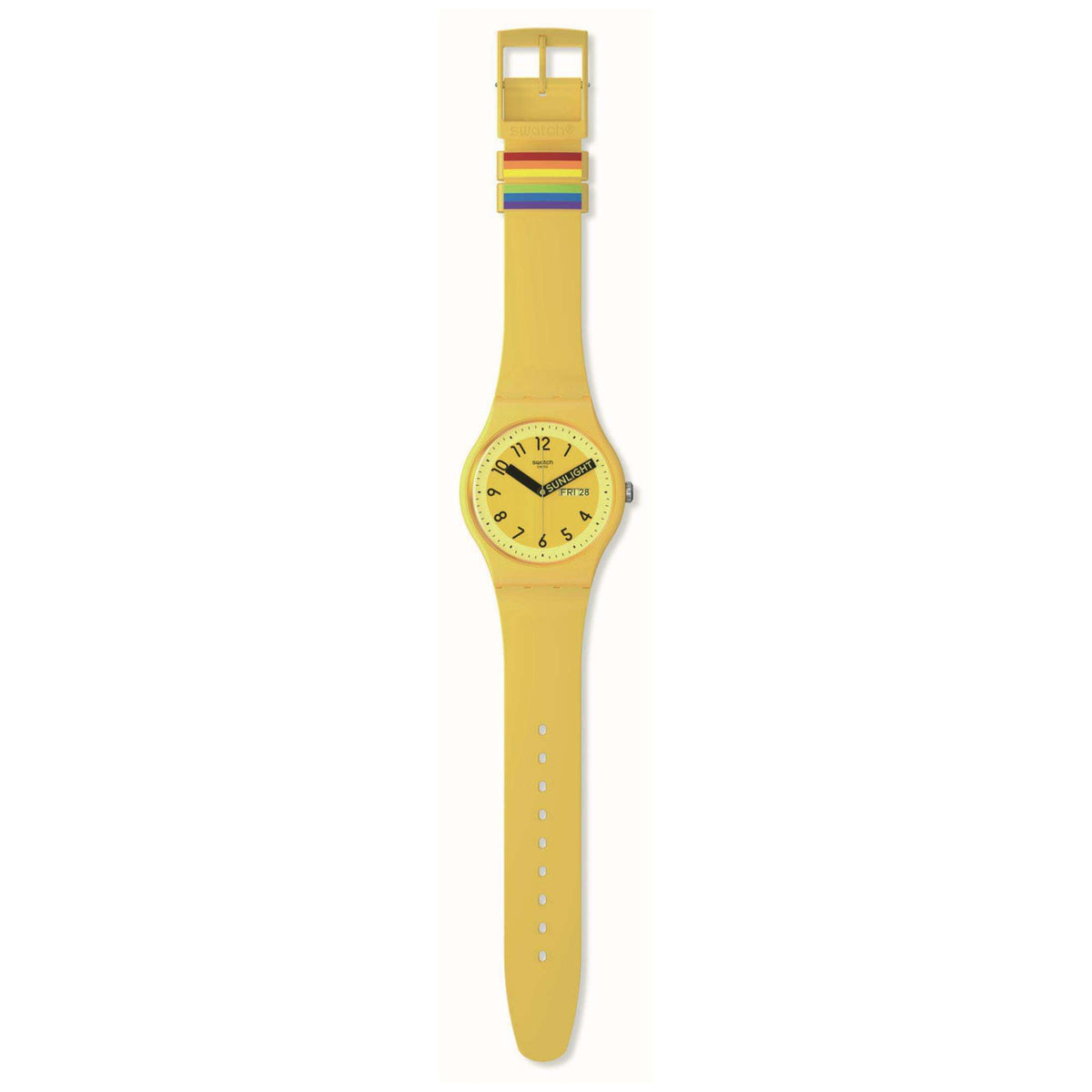 Yellow wristwatch with yellow strap and rainbow accent near buckle, viewed from side