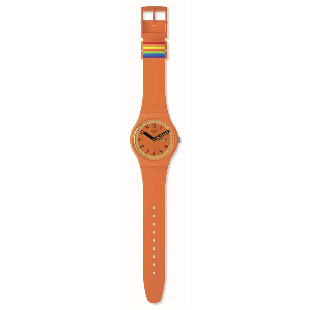 Orange quartz watch with long orange silicone strap, side view of case and dial
