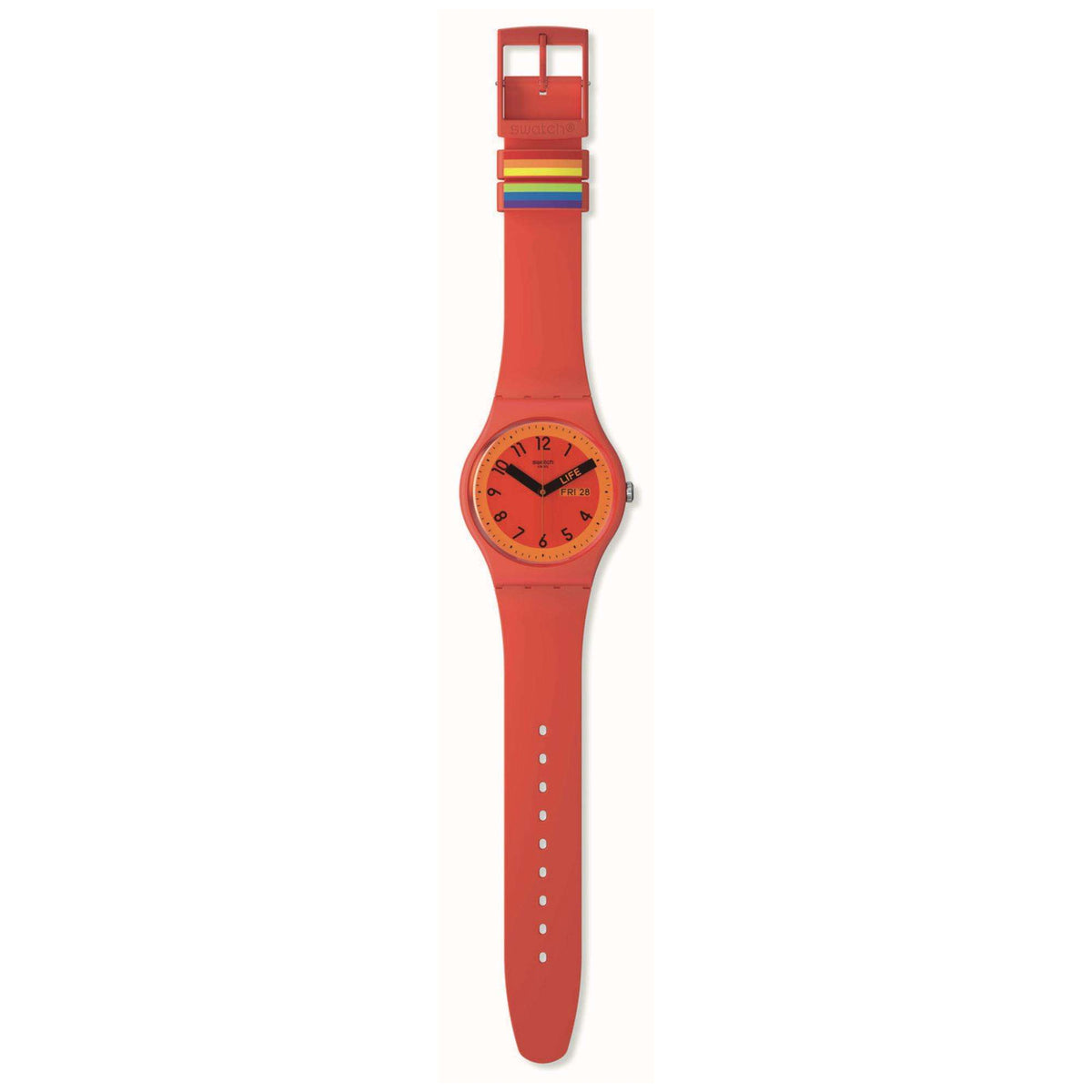 Red silicone watch band with rainbow clasp accents; red dial on slender case, side view.