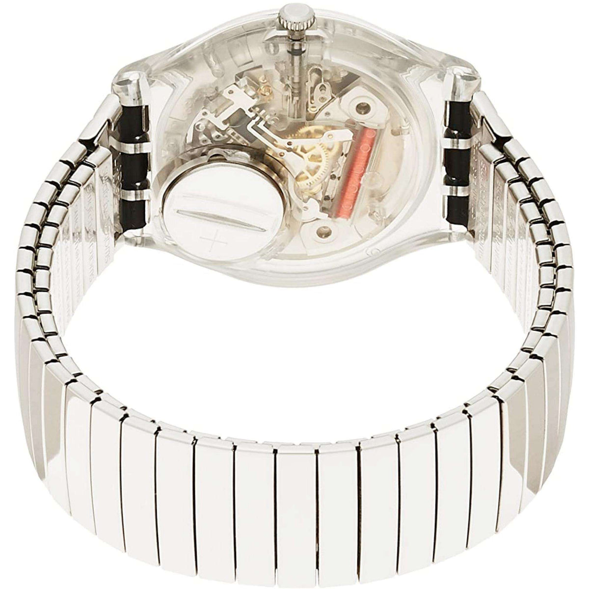 Swatch watch caseback showing movement through clear window with silver-tone bracelet