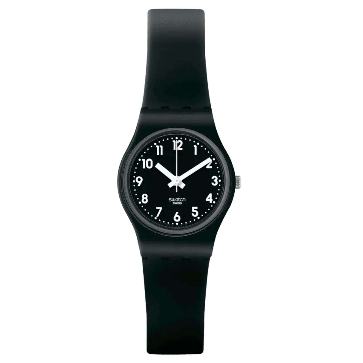 Black ladies quartz watch with round dial, white hands and numbers, silicone strap