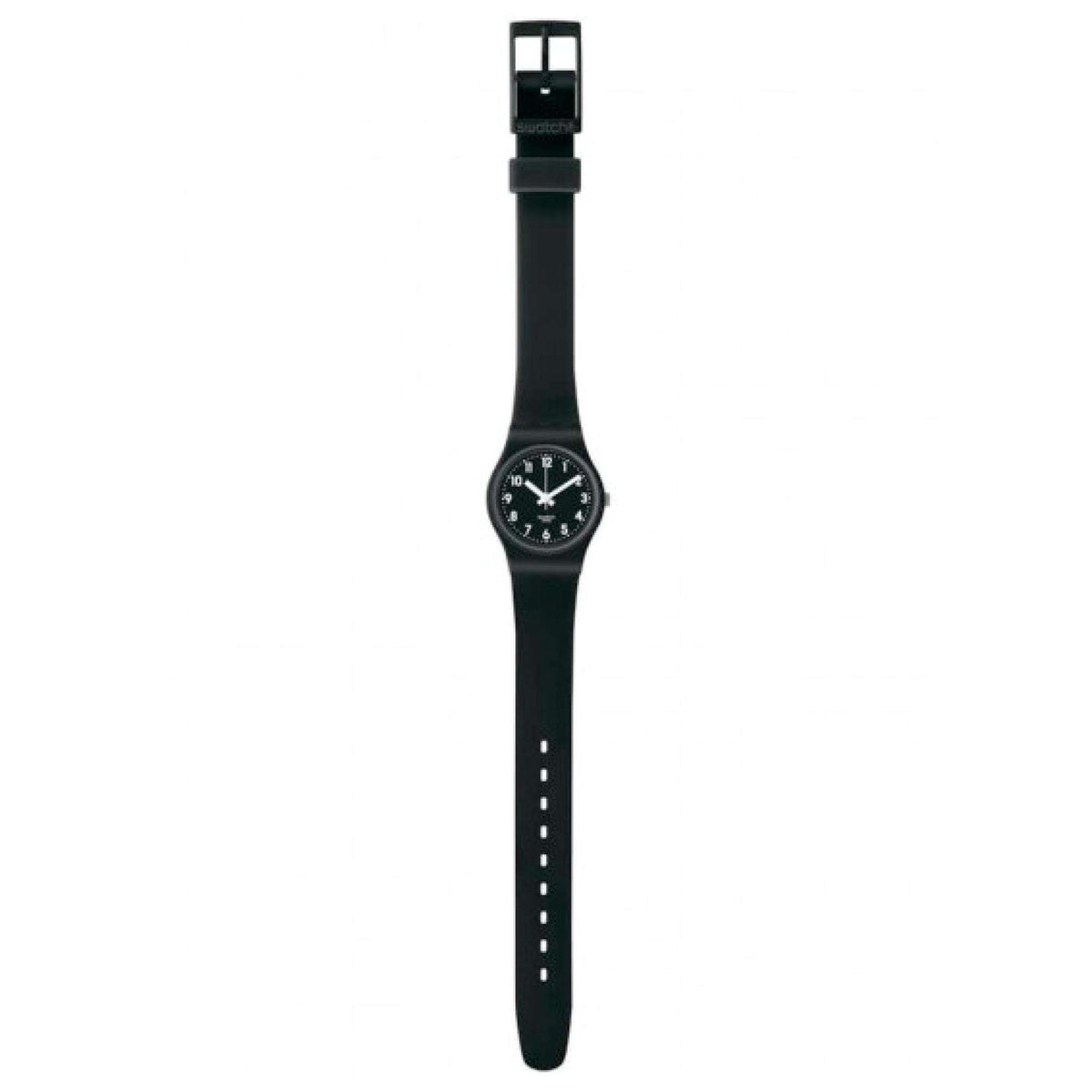 Black ladies watch side view with round dial and silicone strap with buckle clasp