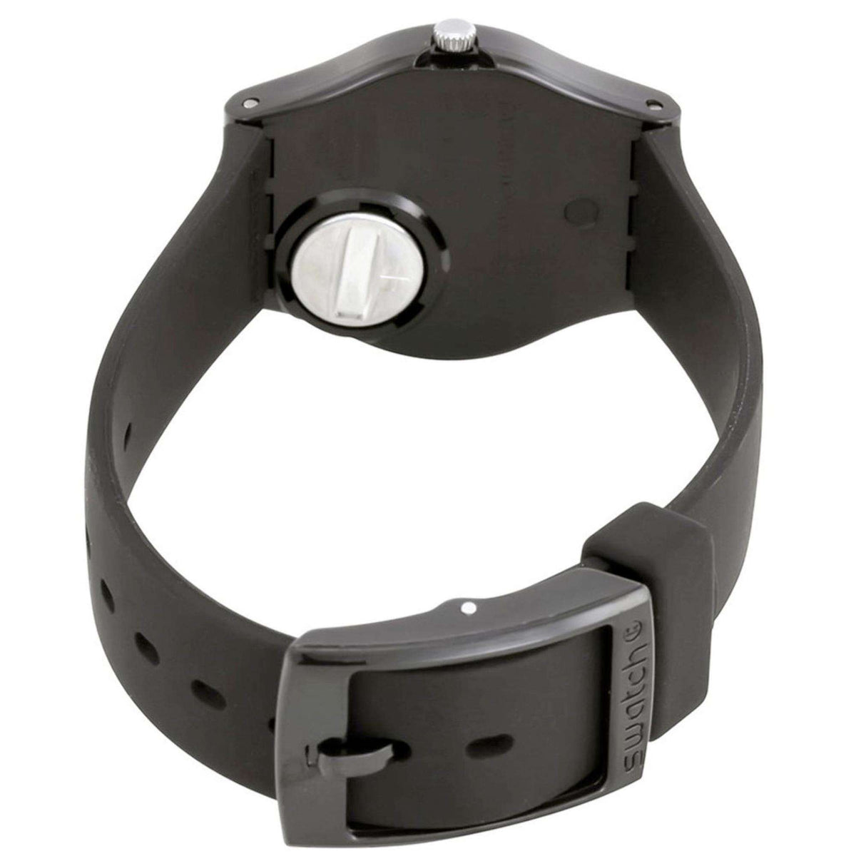 Back view of black silicone watch strap with clasp and silver-toned case back