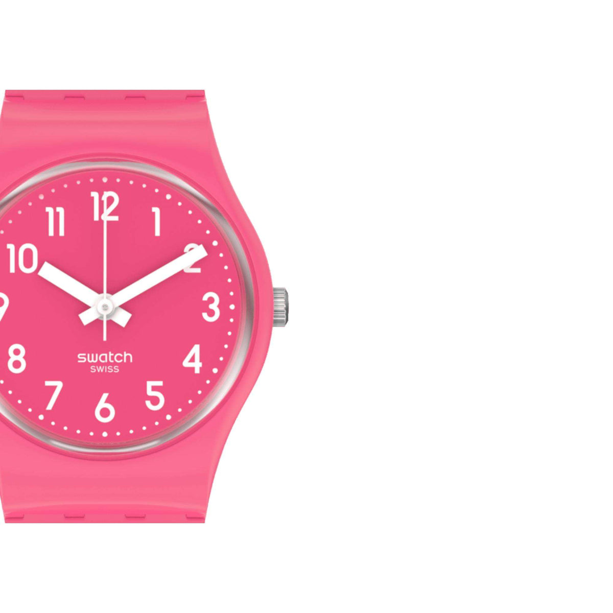 Pink round dial wristwatch close-up with white hands and dotted hour markers on pink strap