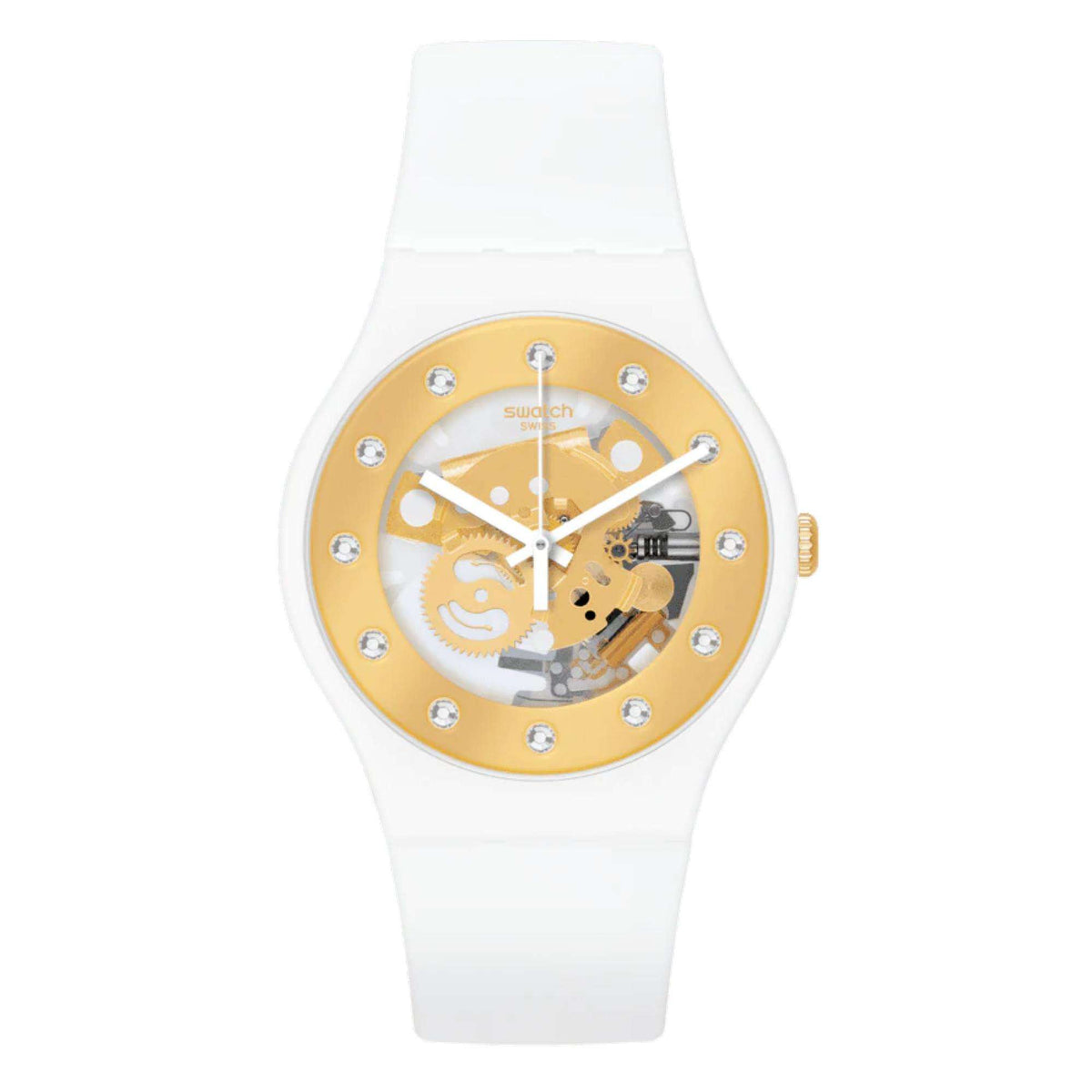 Ladies quartz wristwatch with white silicone strap and gold-toned skeleton dial, crystal markers