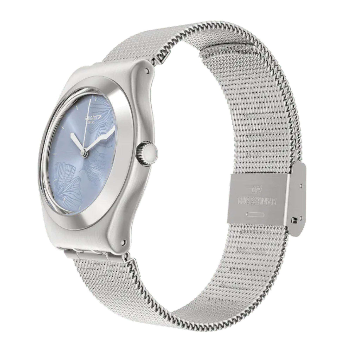 Swatch ladies watch side view with light blue dial and silver mesh band clasp