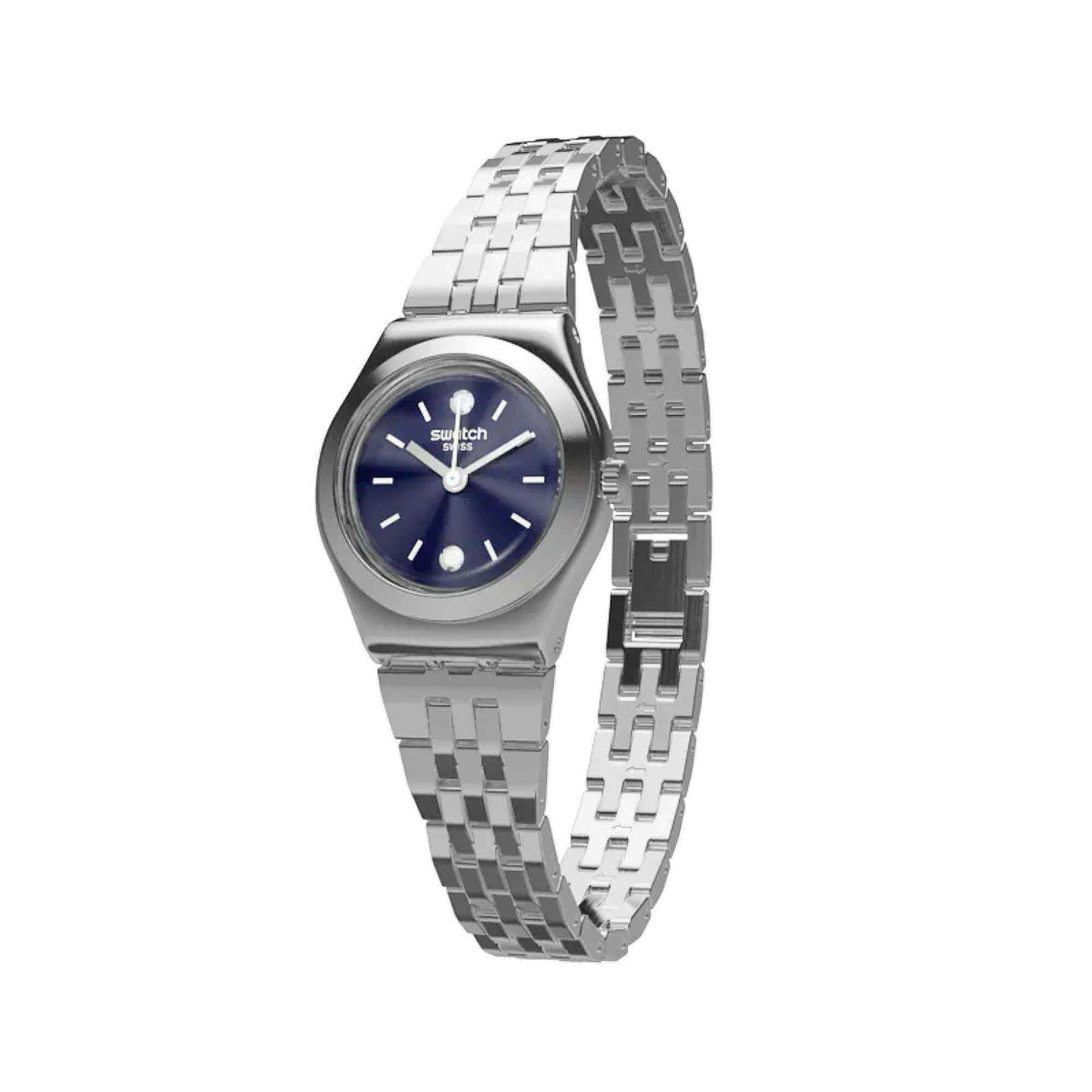 Ladies watch with blue dial and silver metal link bracelet, side view
