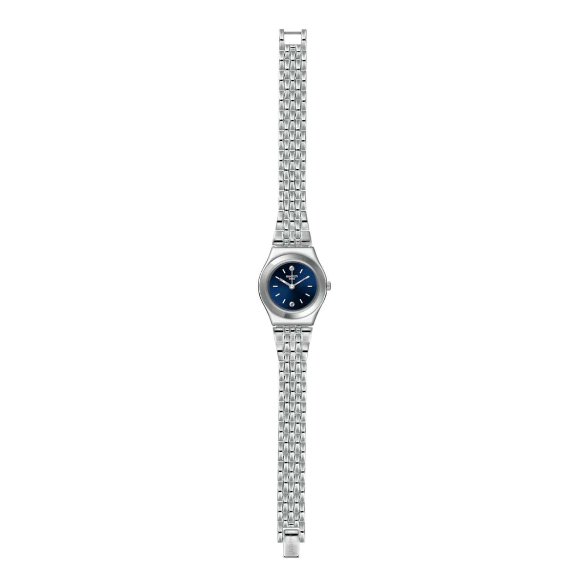 Ladies silver metal bracelet watch with blue dial and minimal hour markers