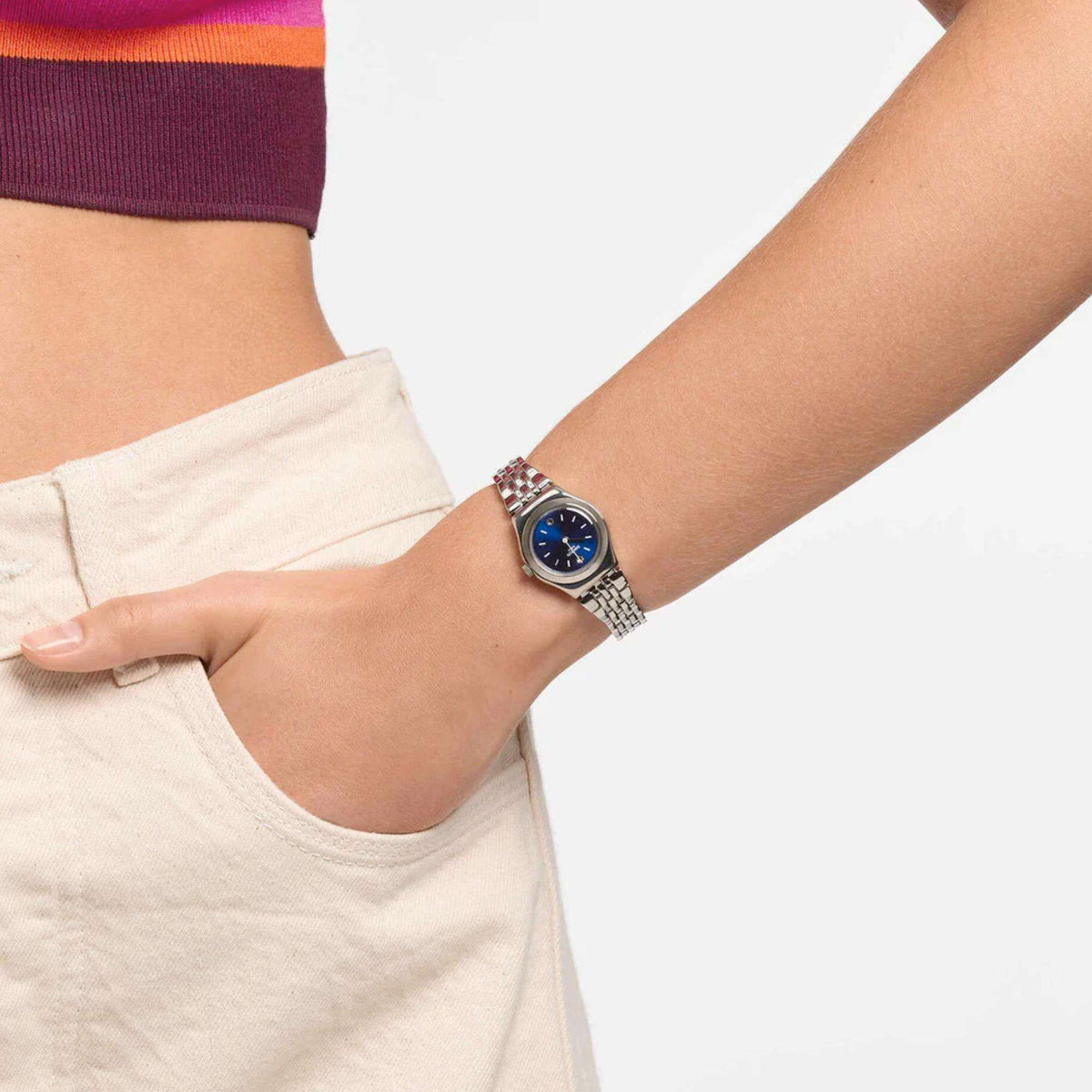 Ladies wristwatch with blue dial on silver link bracelet