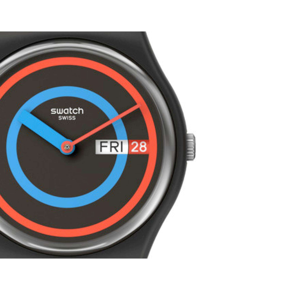 Quartz watch dial with red and blue rings, minute/second hands, and FRI 28 date window