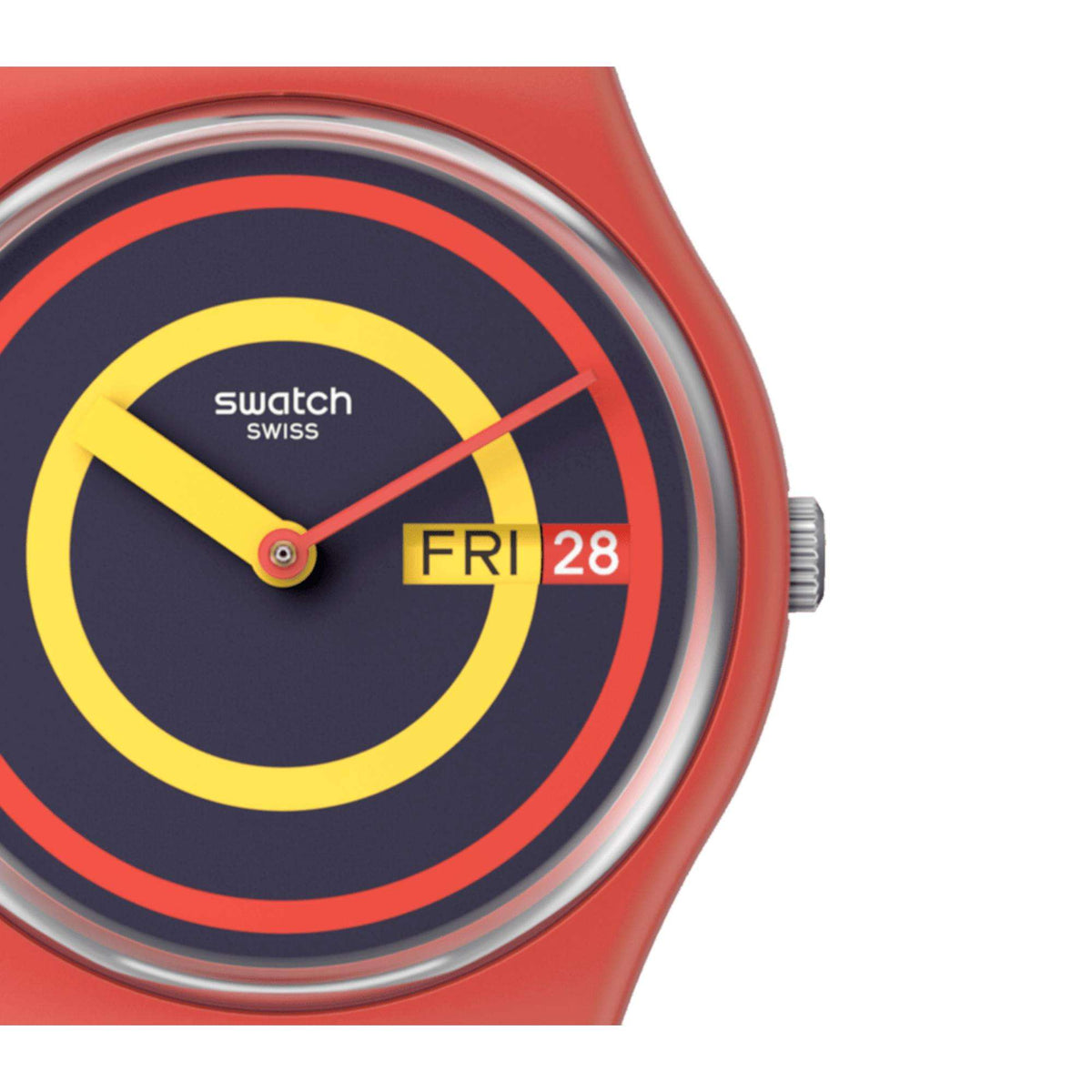 Close-up of pink quartz watch face with navy dial, yellow ring, and Fri 28 date.