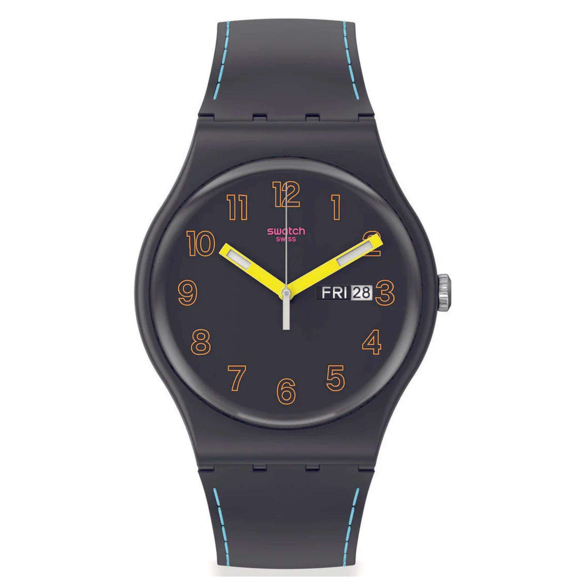 Dark blue quartz wristwatch with round black dial, yellow hands, blue-stitch silicone strap