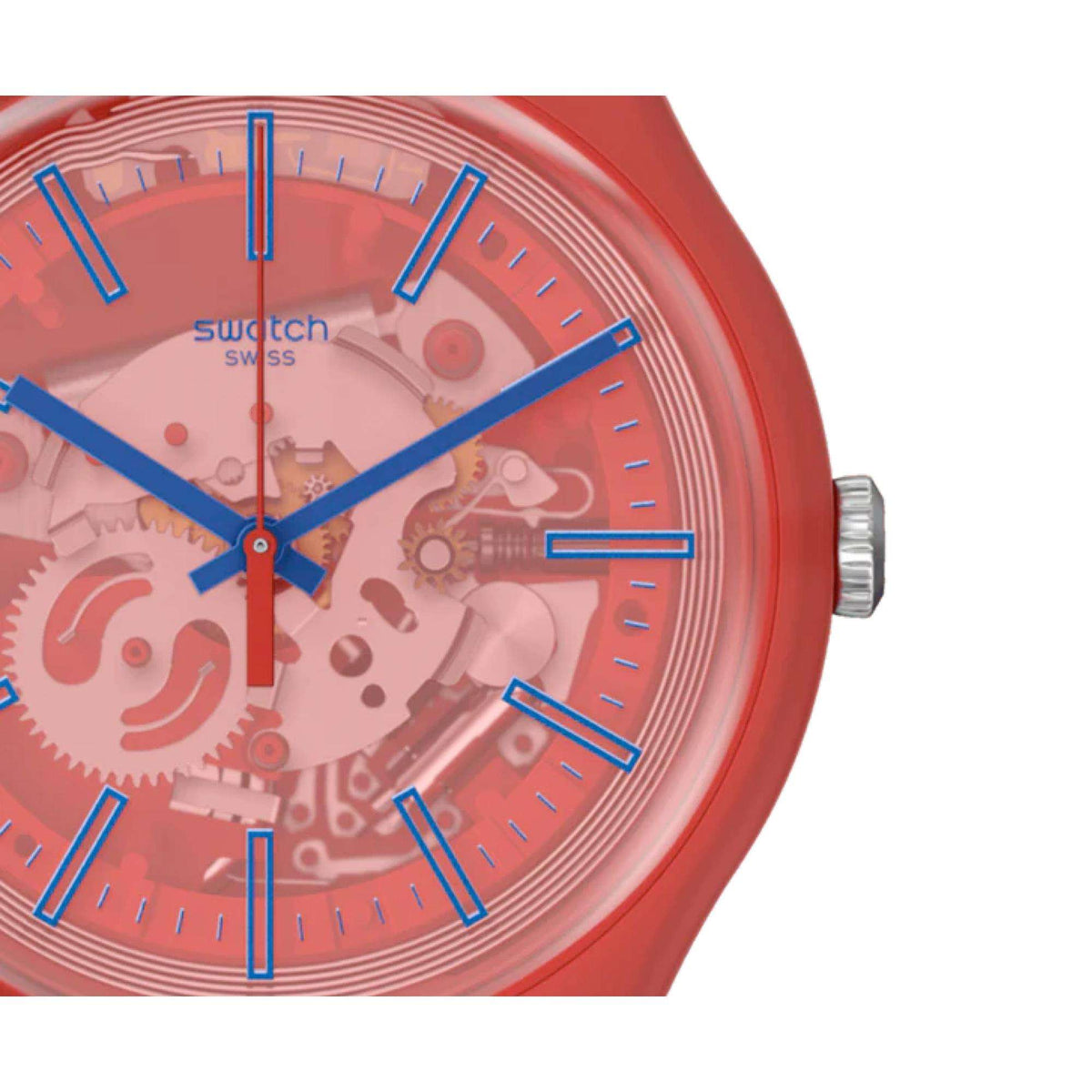 Red Swatch quartz watch with transparent red dial and blue hands, close-up view