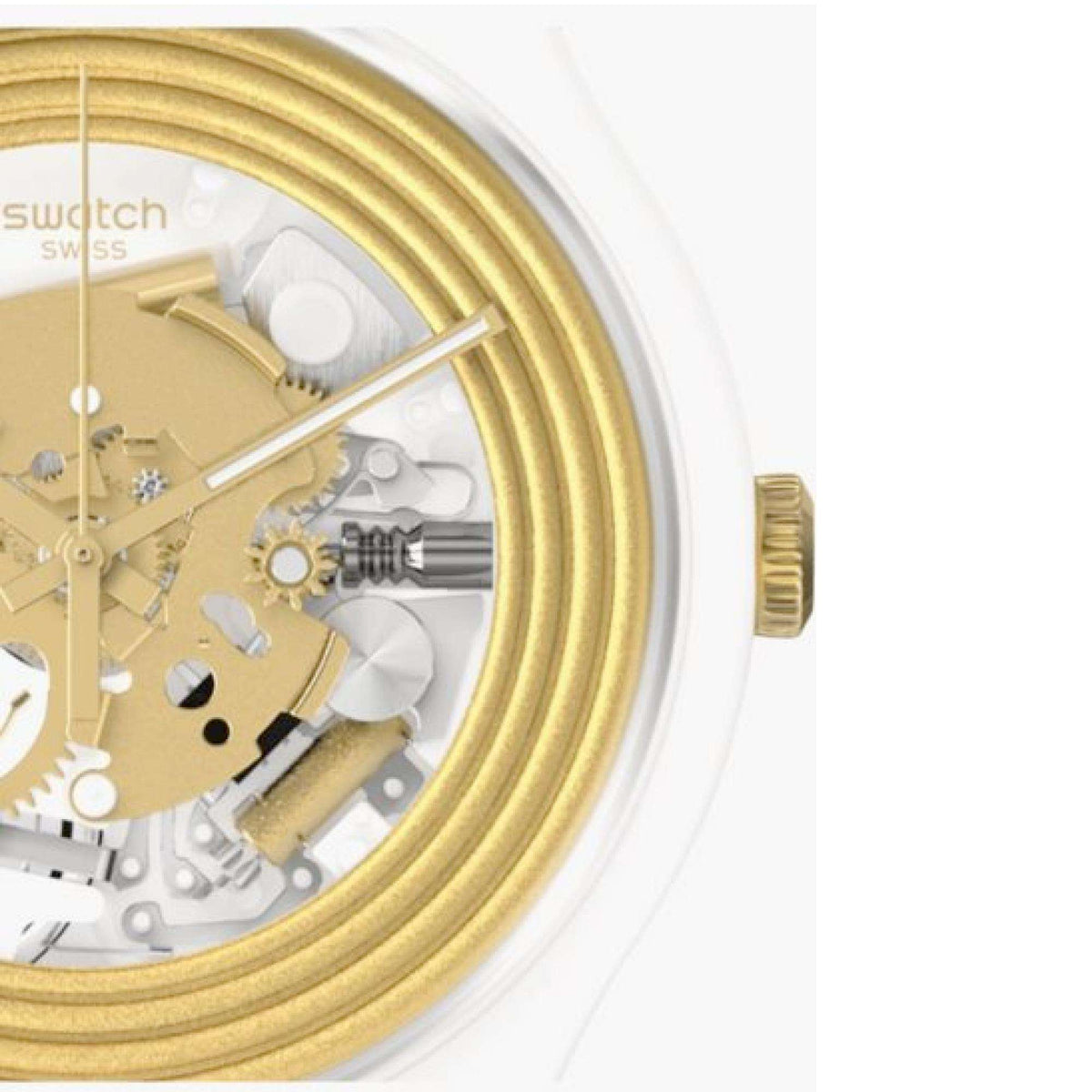 Gold-toned skeleton watch dial with visible gears beneath clear case