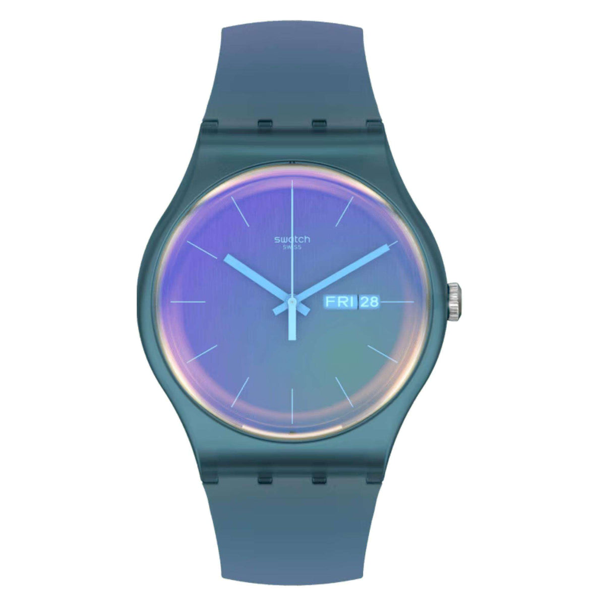 Ladies quartz watch with teal silicone strap and iridescent blue-purple dial