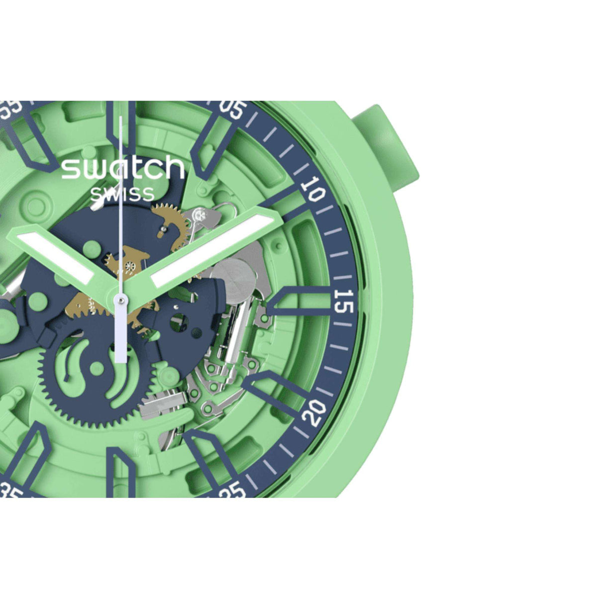 Swatch green quartz watch close-up: detailed skeleton dial and silicone strap
