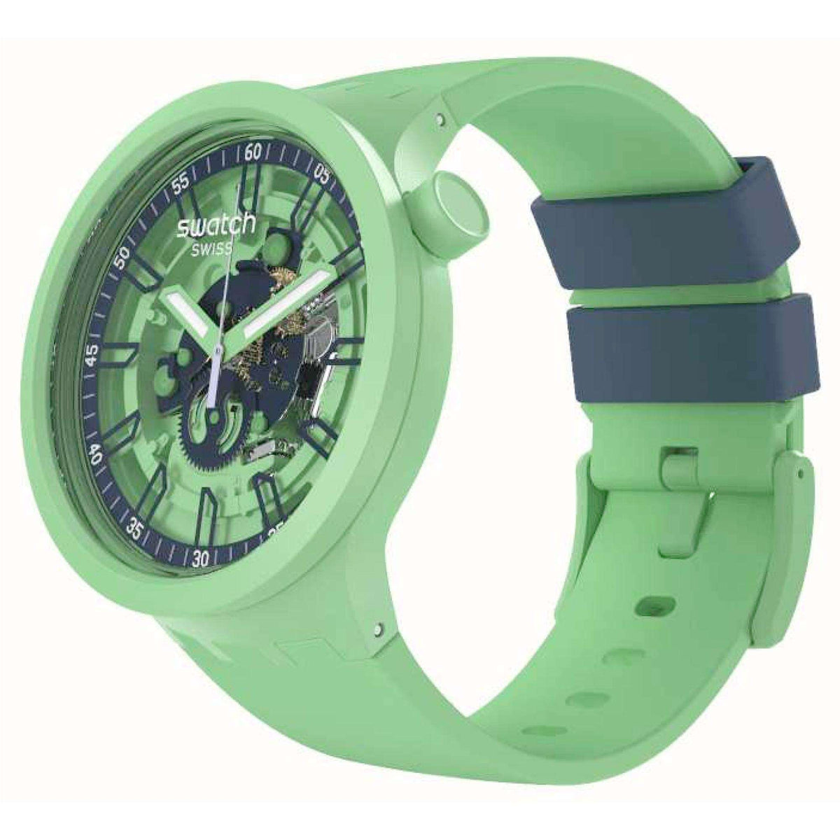Swatch green quartz watch side view with green silicone strap