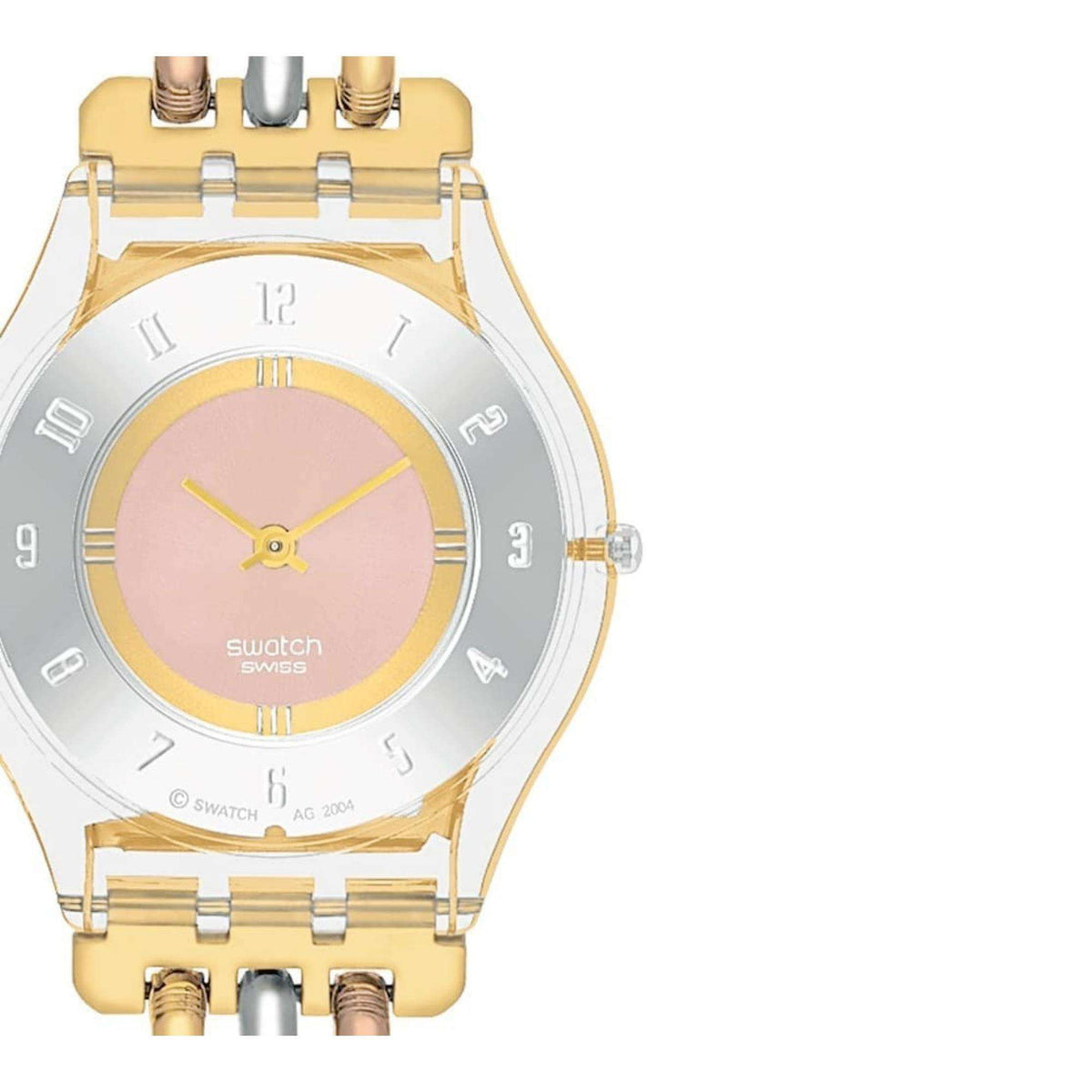 Tri-metal ladies watch face close-up with pink dial, gold hands, Roman numerals