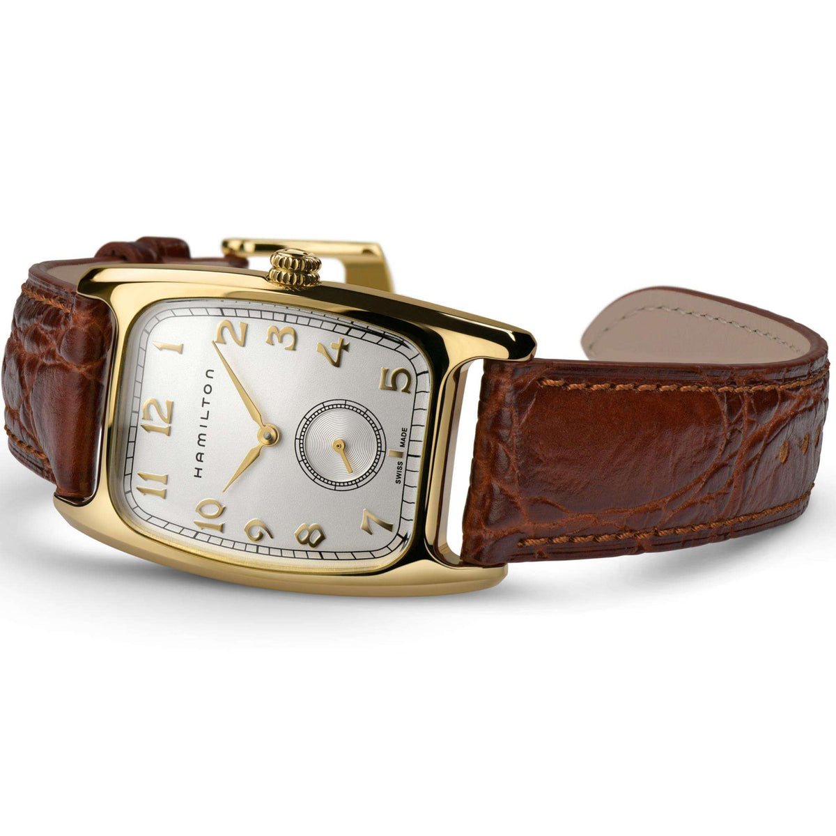 Hamilton American Classic Boulton H13431553 mens timepiece angled side view detailing polished yellow gold case and textured leather strap