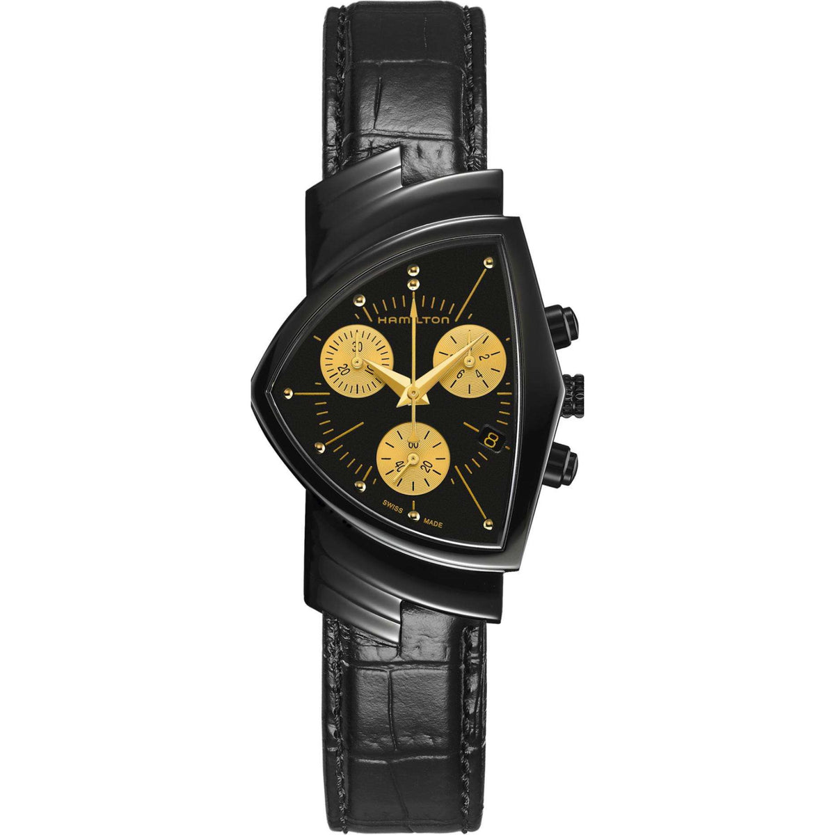 Hamilton Ventura chronograph watch with black dial, gold accents, and black leather strap