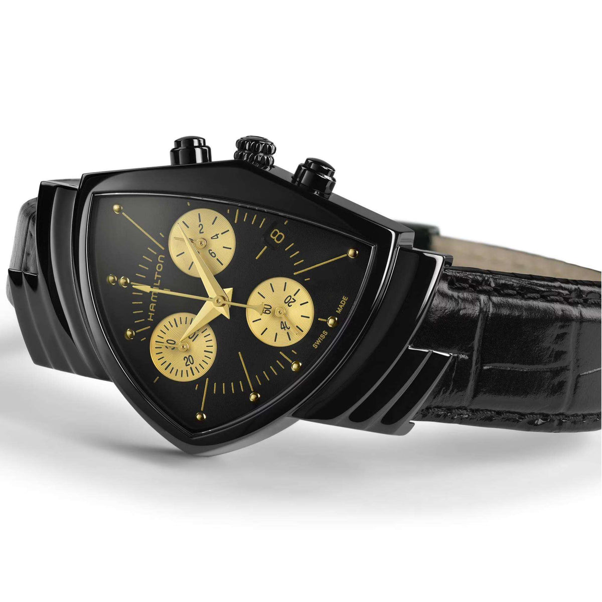 Hamilton Ventura chronograph watch with black dial and three gold subdials on black leather strap