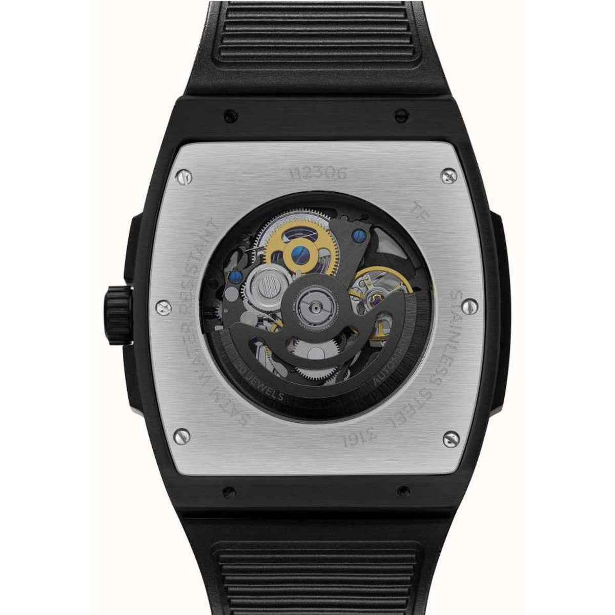 Men's automatic skeleton watch, textured black strap, exposed movement on silver back