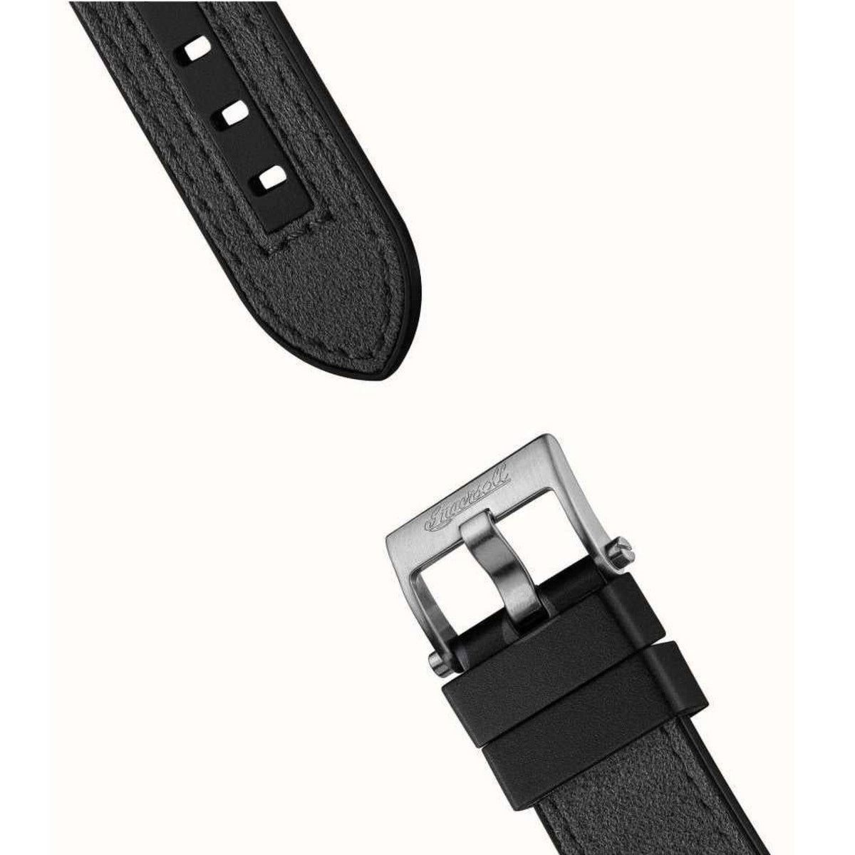 Black textured watch strap with metal buckle and adjustment holes