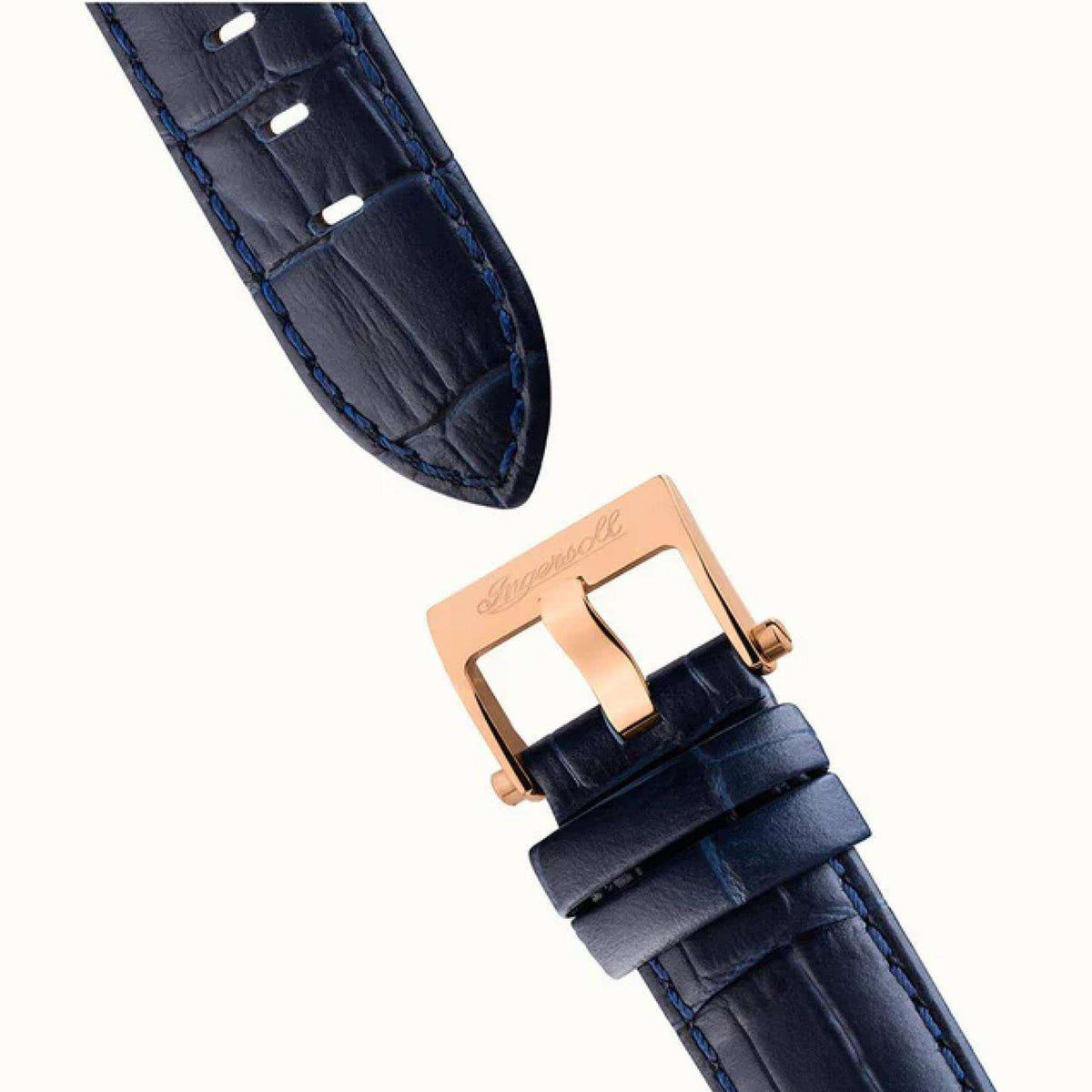 Dark blue leather watch strap with rose gold buckle hardware