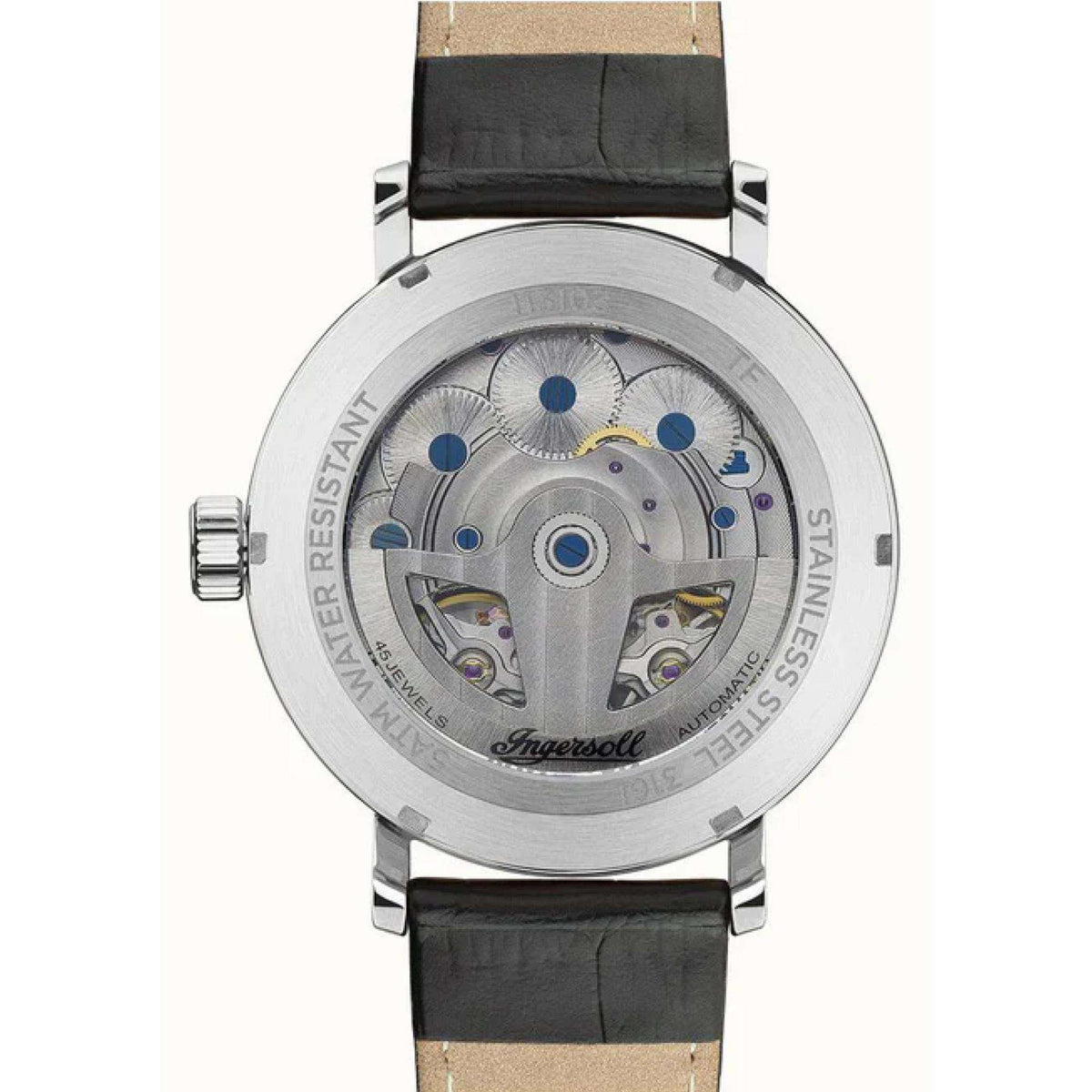 Ingersoll automatic men’s watch with grey skeleton dial and black leather strap
