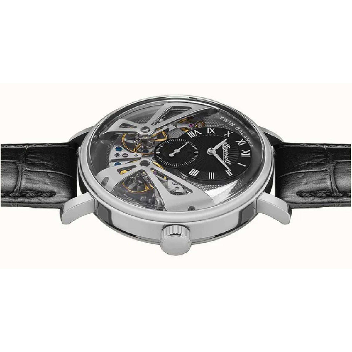Men's automatic skeleton watch with grey dial, black leather strap, stainless case