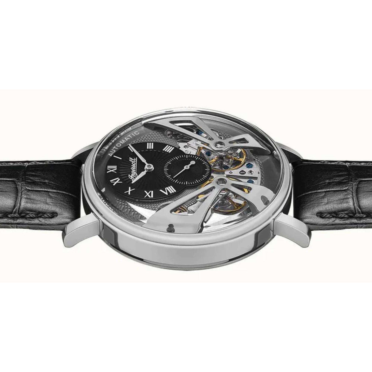 Ingersoll automatic men’s watch with black open-work dial and visible gears, black leather strap