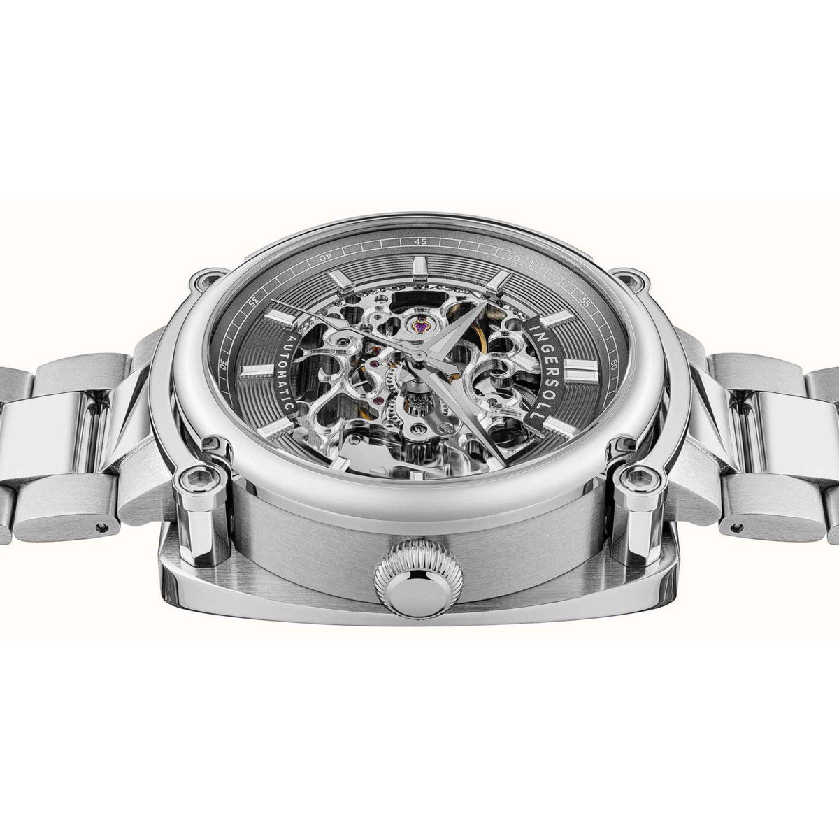 Men's automatic watch case back with visible movement through transparent window, silver